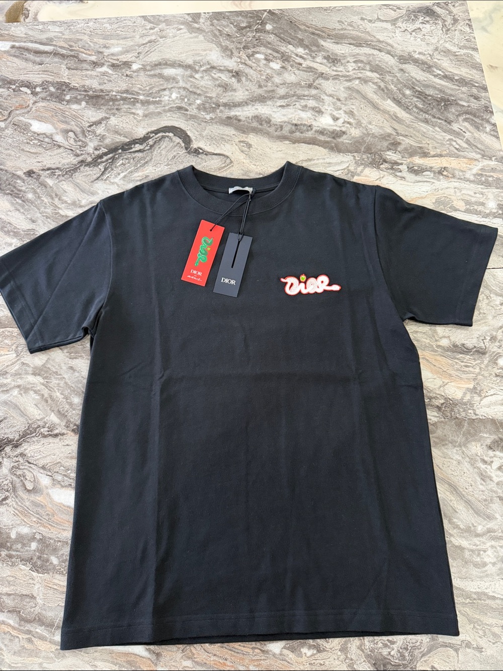 AUTHENTIC Dior Black Crewneck T-Shirt with Red & White Script Logo KAWS UNWORN